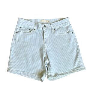 Levi’s women’s mid length white shorts blue pinstripe